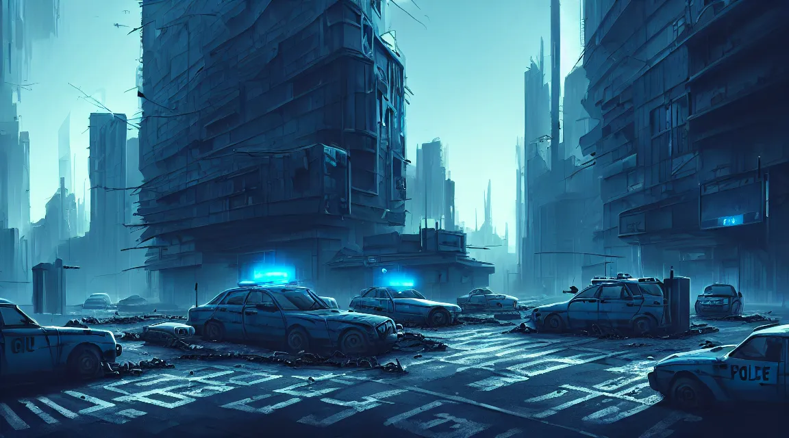 Image similar to a sharp game scene concept with a environment of a post - apocalyptic post apocalyptic police station a blue sky, building, avenue, urban architecture, apocalyptic architecture, paved roads, by nathan walsh trending on artstation, photorealistic, wild vegetation, human silhouettes, cyberpunk, environment artist, dystopian, science fiction