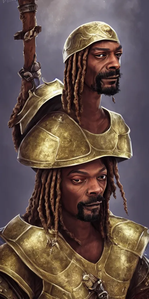 Image similar to snoop dogg as a barbarian, short beard, grumpy, plate armor, Ivan Aivakovsky, epic fantasy character art, D&D Concept Art, magic the gathering, full length, ultra Realistic, Regal, Refined, Detailed Digital Art, Exquisite detail, post-processing, masterpiece, Cinematic Lighting, Unreal Engine, 8k, HD,