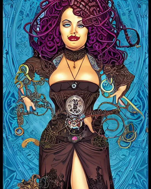 Prompt: a detailed portrait illustration of a steampunk sorceress - laywer. beautiful obese black female face. art nouveau, pop art, comic book style. influenced by neil gaiman, h. p. lovecraft, dan mumford, brian froud, kehinde wiley, killian eng, ross tran.