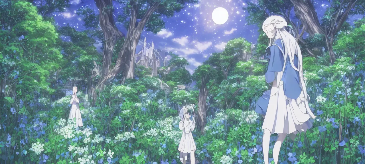 Image similar to illyasviel walking through enchanted ghibli clover | Big Moon at Blue Night | Trees with white flowers | bioluminescent blue FLOWERS | strong blue rimlit | visual-key | anime illustration | highly detailed High resolution | Light Novel | Visual Novel | In the style of Miyama-Zero, Yuuki Hagure