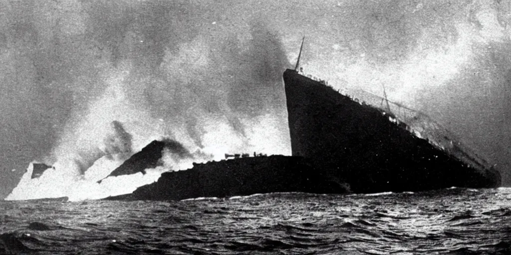 Prompt: old black and white photo of the titanic crashing into an iceberg