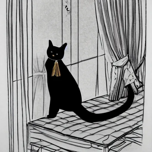 Image similar to A young lady in a kimono with almond-shaped eyes, sitting on a chair in a huge empty room, a black cat sitting on the window, a girl smiling, black and white, pencil, style