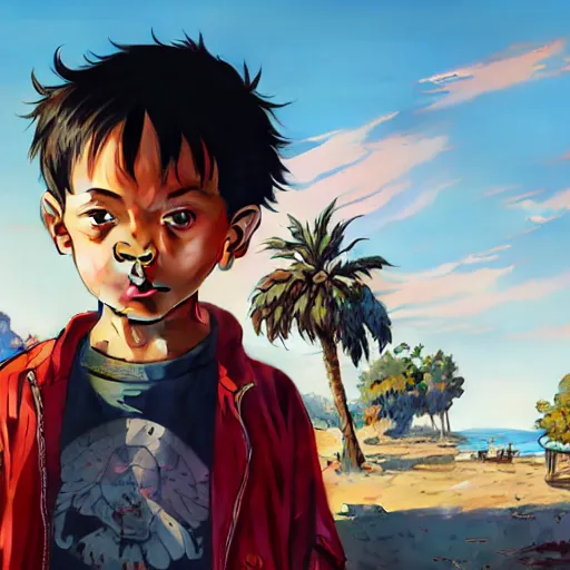 Image similar to highly detailed portrait kid luffy in gta v, stephen bliss, unreal engine, fantasy art by greg rutkowski, loish, rhads, ferdinand knab, makoto shinkai and lois van baarle, ilya kuvshinov, rossdraws, tom bagshaw, global illumination, radiant light, detailed and intricate environment