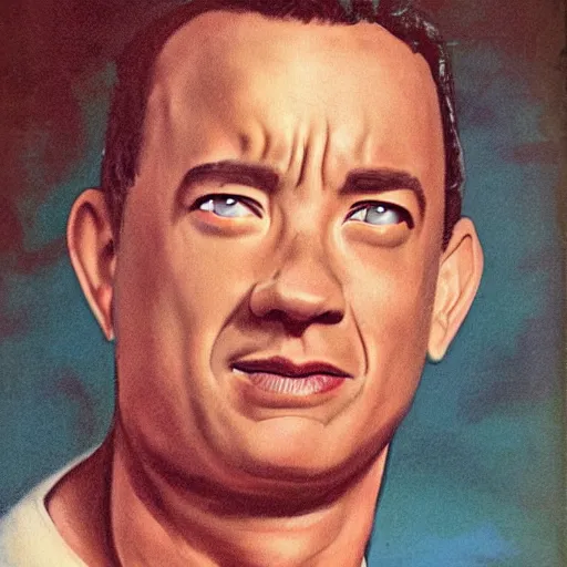 Image similar to “Tom Hanks portrait, color vintage magazine illustration 1950”