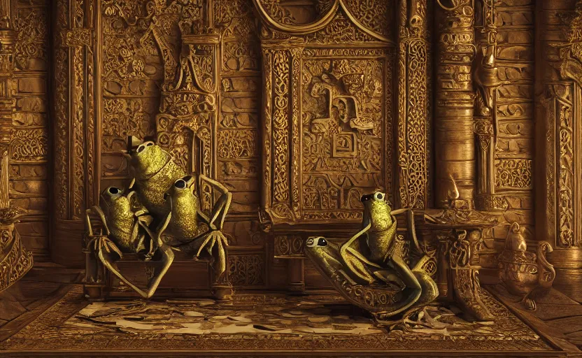 Image similar to frogs at a medieval throne room, highly detailed, extremely high quality, hd, 4 k, 8 k, professional photographer, 4 0 mp, lifelike, top - rated, award winning, cinematic, realistic, detailed lighting, detailed shadows, sharp, no blur, edited, corrected, trending