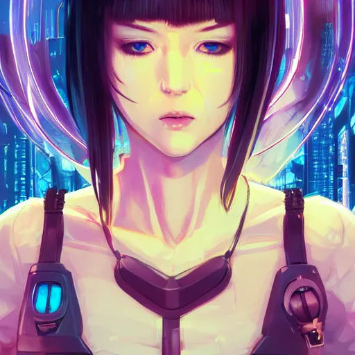 Image similar to A comic potrait of a cyberpunk cyborg girl with big and cute eyes, fine-face, realistic shaded perfect face, fine details. Night setting. Very anime style. Realistic shaded lighting poster by Ilya Kuvshinov katsuhiro, magali villeneuve, artgerm, Jeremy Lipkin and Michael Garmash, Rob Rey and Kentarõ Miura style, trending on art station