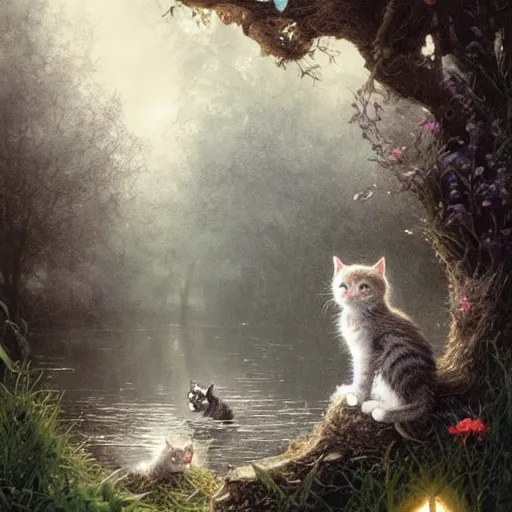 Prompt: two kittens in the enchanted forest watching the fish in the stream, fantasy, intricate, extremely detailed, matte, artstation, art by greg rutkowski, louis wain, alan lee, terry gilecki