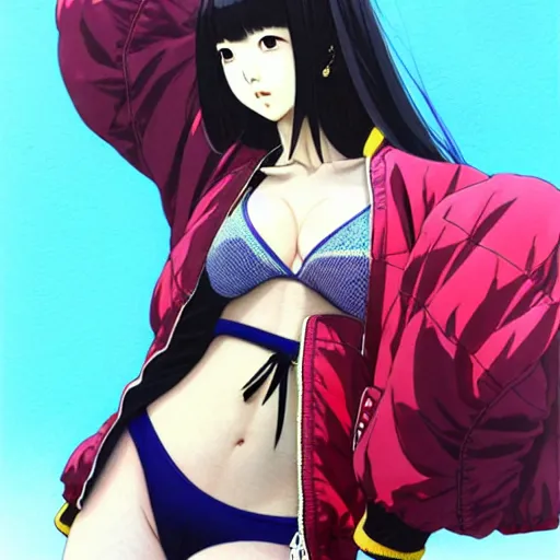 Image similar to a beautiful japanese lalisa alluring gravure model, wearing oversized designer bomber jacket and leotard, bulky poofy bomber jacket with mesoamerican patterns, mesoamerican native street fashion, gapmoe yandere grimdark, trending on pixiv fanbox, painted by greg rutkowski makoto shinkai takashi takeuchi studio ghibli, akihiko yoshida