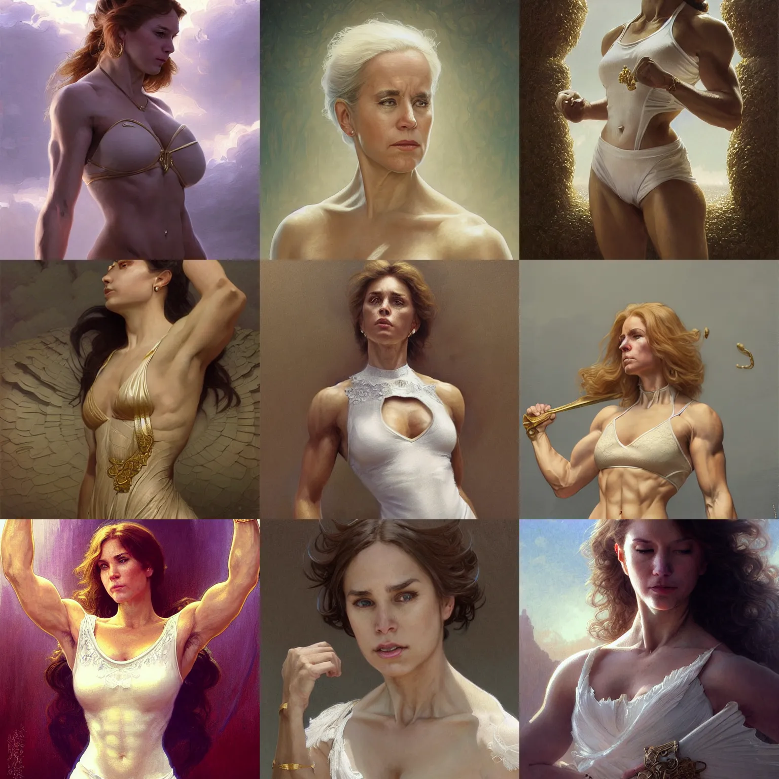 Prompt: joe biden as a female, flexing large muscles, white lace clothing, gold accessories, elegant, highly detailed, digital painting, matte, sharp focus, art by wlop, artgerm, greg rutkowski, alphonse mucha, frank frzetta, boris vallejo, bouguereau, beksinski, cinematic