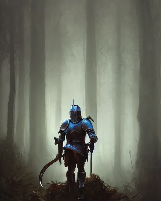 Image similar to Hyper realistic painting of a knight in rusty full plate armor wielding a greatsword, hyper detailed, surrounded by a dark forest, fog, moody, cinematic lighting, dim blue lighting, by greg rutkowski, trending on artstation