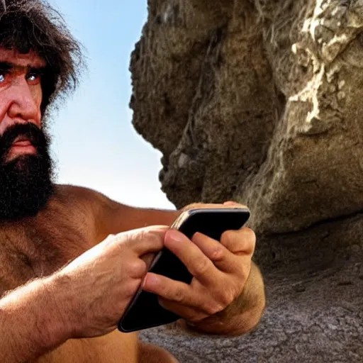 Prompt: a caveman using an iPhone