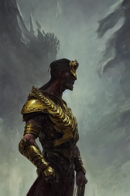 Image similar to a masculine elegant man from sideview with large shoulders, armor, and wearing golden laurel wreath, ethereal horror fantasy art by greg rutkowski and magali villanueve and monet con