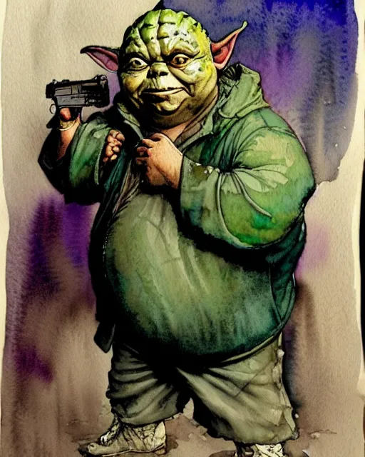 Image similar to a realistic and atmospheric watercolour fantasy character concept art portrait of a fat sleazy homeless chibi yoda wearing a wife beater and holding a handgun, by rebecca guay, michael kaluta, charles vess and jean moebius giraud