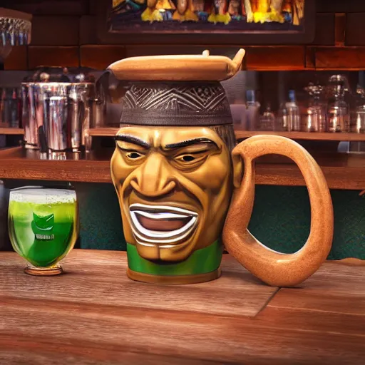 Image similar to a photorealistic photograph of a Trader Vic's tiki mug featuring Snoop Dogg at a tiki bar - Trending on Artstation, featured on Behance, well-rendered, Unreal Engine, 4K HD