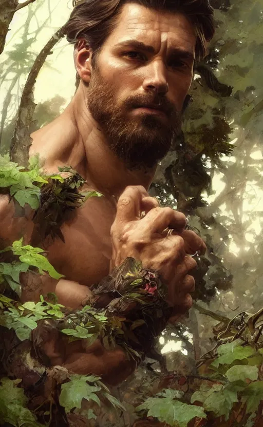 Image similar to god of the forest, 30 years old, rugged, male, gorgeous, detailed face, amazing, thighs!!!!!!, muscular, intricate, highly detailed, digital painting, artstation, concept art, sharp focus, illustration, art by greg rutkowski and alphonse mucha