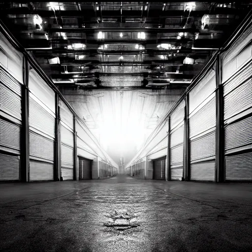 Prompt: an empty warehouse at night, eerie atmosphere, white hue