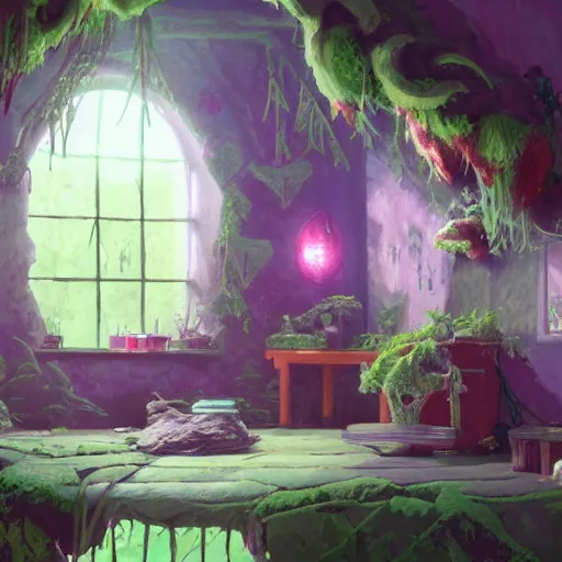 Prompt: concept art painting of a interior of a cozy alien fantasy cottage, with black vines and magenta houseplants, realistic, detailed, cel shaded, dark, in the style of makoto shinkai and greg rutkowski and james gurney