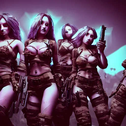 Image similar to squad of beautiful armed zombie girls in army of nurgl in fantasy forest, all filtered through a cybernetic lens, studio lighting, lit by flashing pixel light, cinematic lightning, medium shot, mid-shot, highly detailed, trending on artstation, Unreal Engine 4k, cinematic wallpaper