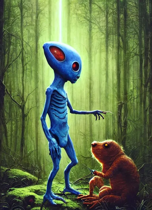 Prompt: cuddly friendly alien in the woods by a river gorgeous lighting, lush forest foliage blue sky a hyper realistic painting by chiara bautista and beksinski and norman rockwell and greg rutkowski, weta studio, and lucasfilm