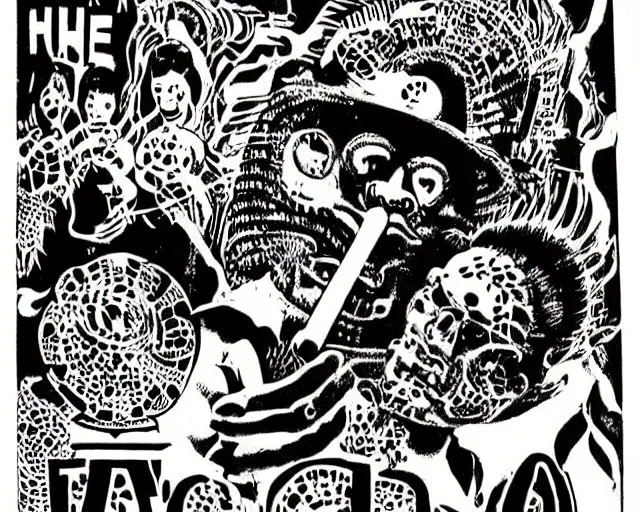 Prompt: ecstatic party in las pozas, mayan jaguar warrior, ink by frank miller and jose guadalupe posada, cut out collage, science fiction fanzine 1 9 6 7