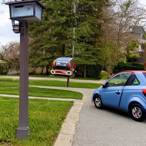 Prompt: a tiny car next to a mailbox