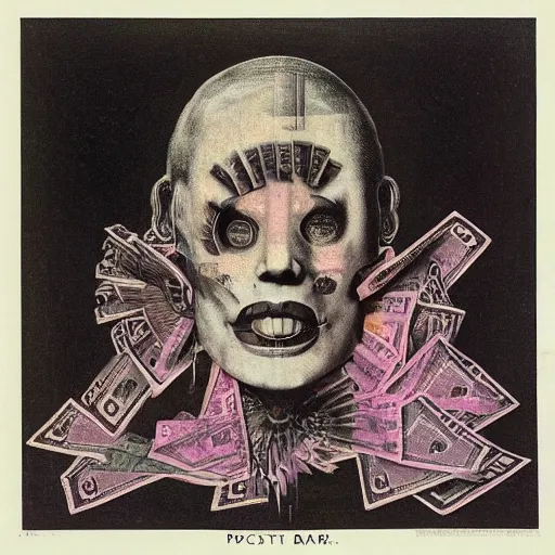 Image similar to post - punk new age album cover, asymmetrical design, dollar bank notes, capitalism, magic, apocalypse, psychedelic, black white pink, magic, giger h. r., giuseppe arcimboldo, peder aalto