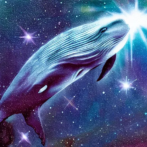 Prompt: portrait of whale swimming on a dark night sky in space, flying across the universe, galaxies, oniric, dreamy, beautiful, highly detailed, realistic, cinematic, dynamic composition