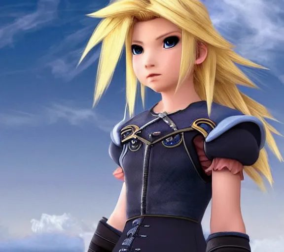 Image similar to Cloud from Final Fantasy as a Disney princess, animated movie still.