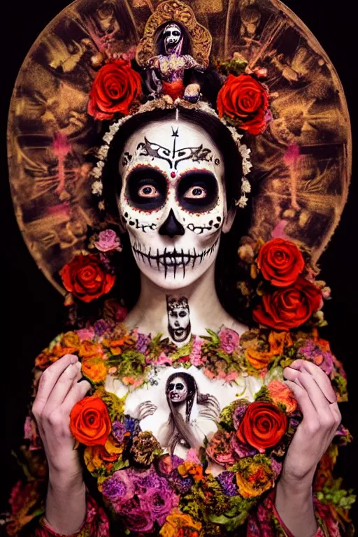 Prompt: 1 9 0 0's virgin mary dia de muertos dress and make up, horrific beautiful vibe, evocative, atmospheric lighting, painted, intricate, highly detailed, leesha hannigan, wayne haag, reyna rochin, ignacio fernandez rios, mark ryden, iris van herpen, stunning, gorgeous, sharp focus, cinematic, masterpiece