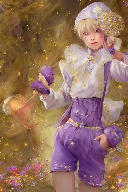 Image similar to Full View fairy maiden with short blond hair wearing an oversized purple Beret, Baggy Purple overall shorts, Short Puffy pants made of silk, silk shoes, a big billowy scarf, Golden Ribbon, and white leggings Covered in stars. covered in embroidery. Short Hair. peasant magic. masterpiece 4k digital illustration by Ruan Jia and Mandy Jurgens and Artgerm and william-adolphe bouguereau, award winning, Artstation, art nouveau aesthetic, Alphonse Mucha background, intricate details, realistic, panoramic view, Hyperdetailed, 8k resolution, intricate art nouveau