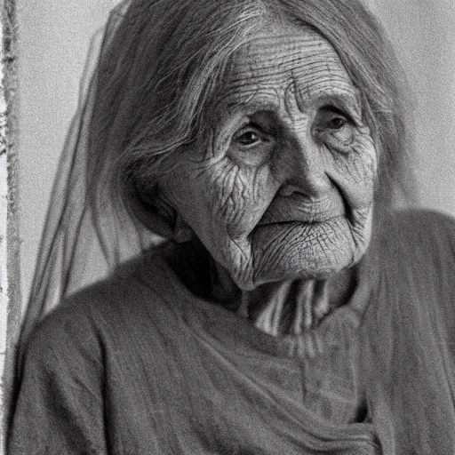 Image similar to a black and white grainy photograph in sepia tone of an old woman with a deeply lined face