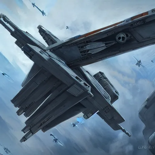 Image similar to concept art of an x wing starfighter from star wars by greg rutkowski