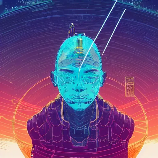 Prompt: a cyberpunk explorer meditating next to a floating triangular glowing monolith with one eye, highly detailed, midnight, by josan gonzalez and victo ngai and moebius