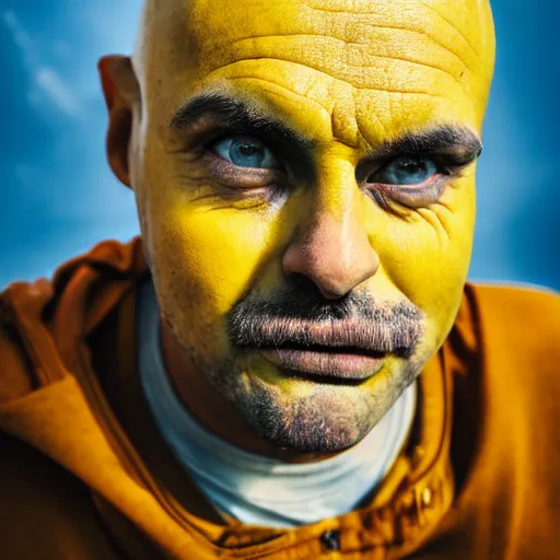 Image similar to portrait photo of a yellow - skinned bald wrinkly man with stubble and big eyes, he wears blue overalls no shirt, he looks like a human minion, moody cinematic lighting, realistic facial features, hyper detailed, crisp image, leica, 2 4 mm lens