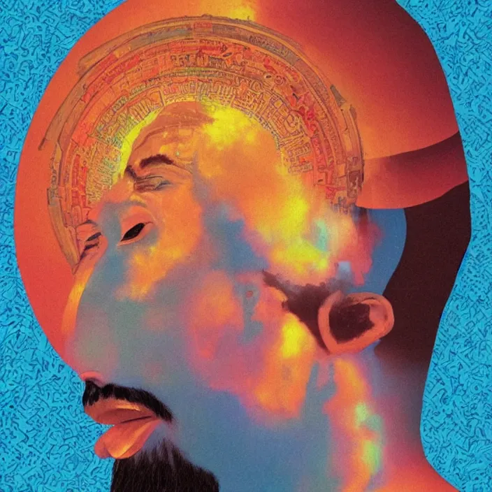 Prompt: a UFO hovering over the head of an African Jesus, a colourful painting by Hsiao-Ron Cheng,