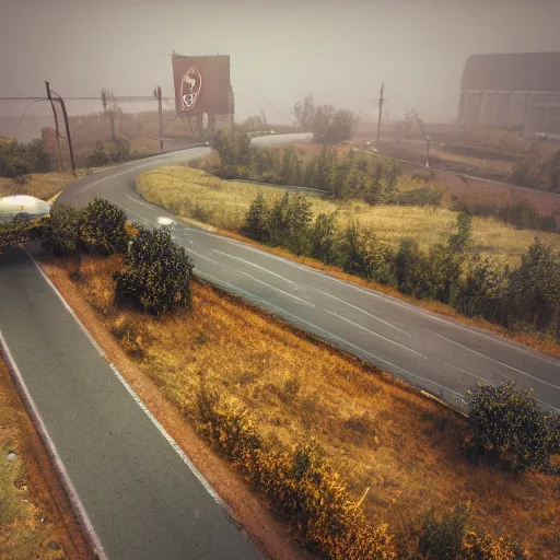 Image similar to drone fottage of an old abandoned road lomography photo, playstation 5 screenshot, fine details, rain, rtx reflections, soviet suburbs, fog, night, photorealistic, unreal engine, octane render, volumetric light, featured on cg society, 4 k, 5 0 mm bokeh