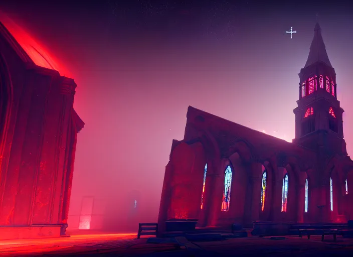 Image similar to ancient church of worship with red shafts of light in destiny 2, foggy, liminal, dark, dystopian, beautiful architecture, abandoned, highly detailed 4 k 6 0 fps destiny 2 promotional poster image wallpaper expansion