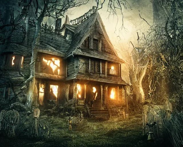 Image similar to the scariest witches house in the scariest dark forest, scary animals, epic scene, dark, scary, horror, frightening, fantasy, cinematic, redshift render, cgi, hyper - detailed, photo - bash, 8 k post - production, masterpiece