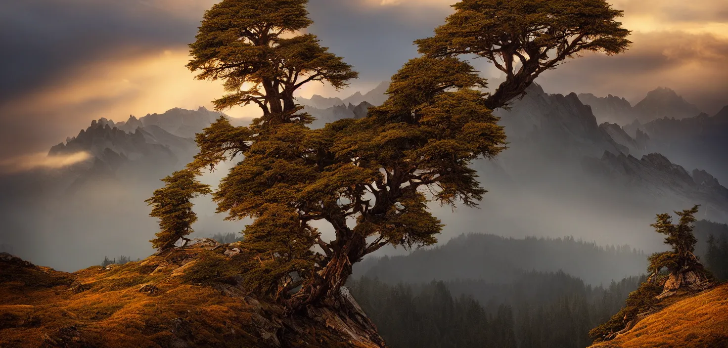 Image similar to amazing landscape photo of a lone cedar tree on a mountain by marc adamus, beautiful dramatic lighting