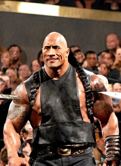 Image similar to dwayne johnson entering entrances ramp of smackdown as samurai!