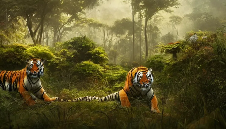 Image similar to a happy tiger, peaceful, plants environment, wide angle, establishing shot, cinematic lighting, atmospheric, realistic, octane render, highly detailed, color graded, matte painting in the style of craig mullins