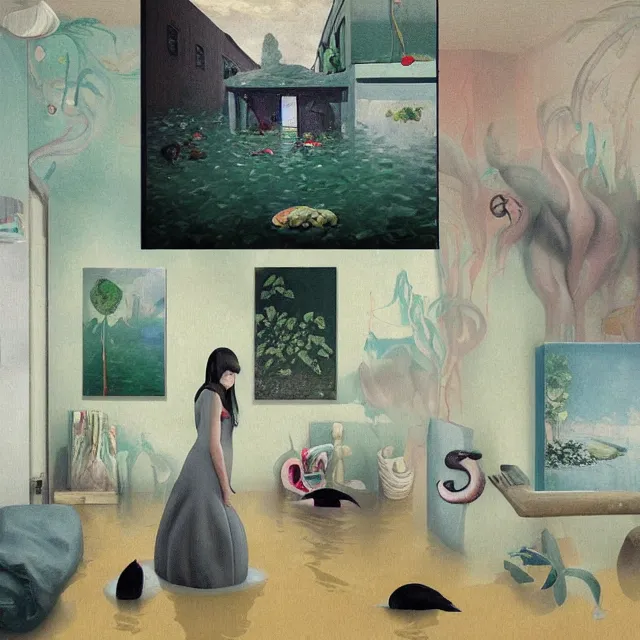 Image similar to tall emo artist in her flooded apartment, painting of flood waters inside an artist's home, a river flooding indoors, pomegranates, pigs, ikebana, zen, water, octopus, river, rapids, waterfall, black swans, canoe, berries, acrylic on canvas, surrealist, by magritte and monet