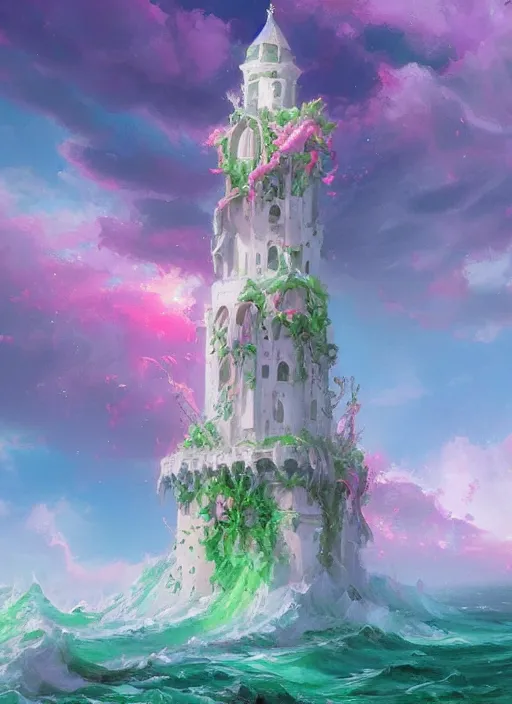 Image similar to a delicate ornate white fantasy tower with pink and green decoration splashes upwards from a turbulent ocean, dramatic lighting, rich colors, beautiful oil painting, artstation