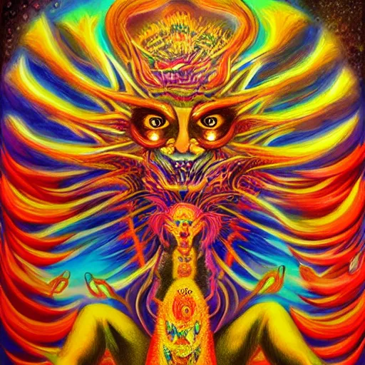 Prompt: a DMT entity deity creature, visionary art painting, 8k, featured on artstation