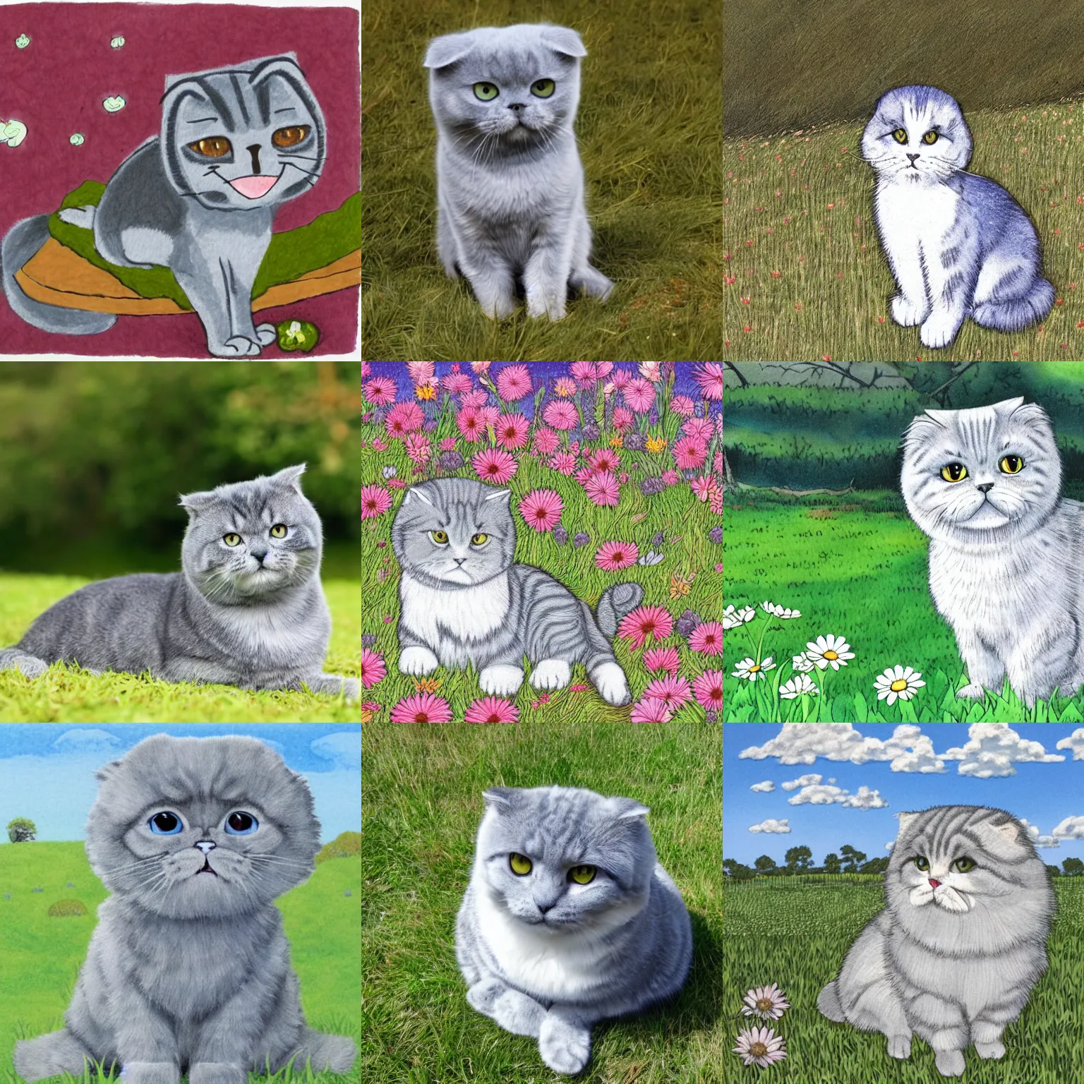 Prompt: a gray scottish fold sitting in the middle of sunny meadow, colored, by masashi kishimoto