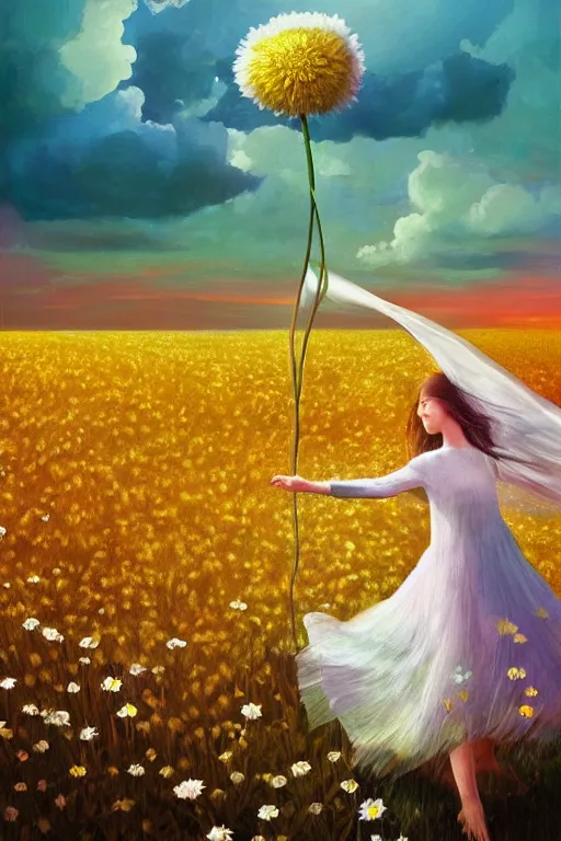 Image similar to veil of giant white daisy flower as head, girl dancing in a flower field, surreal photography, sunrise, dramatic light, impressionist painting, colorful clouds, digital painting, artstation, simon stalenhag