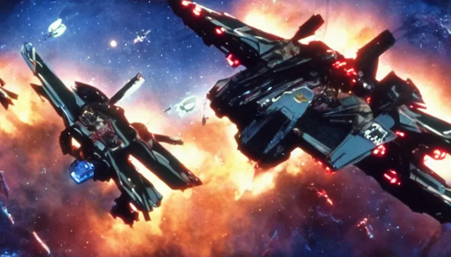 Image similar to full - color cinematic movie still from a live - action macross action film directed by michael bay. the scene features the valkyrie robots from macross fighting against zentradi in space or on planets, and changing to gerwalk mode. realistic robotech movie. highly - detailed ; photorealistic ; epic.