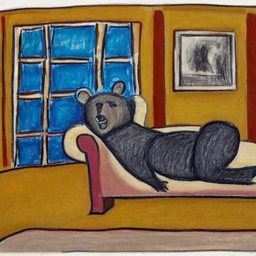 Image similar to an expressionist drawing of a bear laying in a sofa, wearing a shirt, panting because it's so warm. in a living room of the white house.