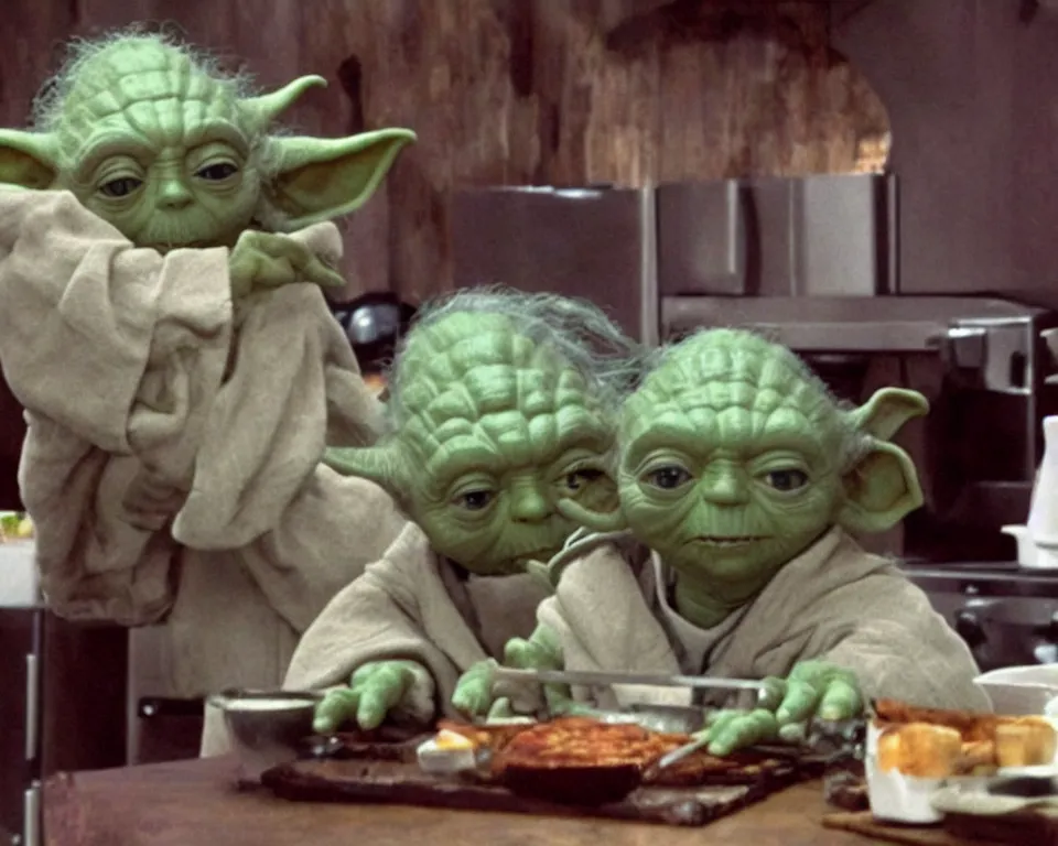 Image similar to yoda hosts a cooking show, scene from a horror movie