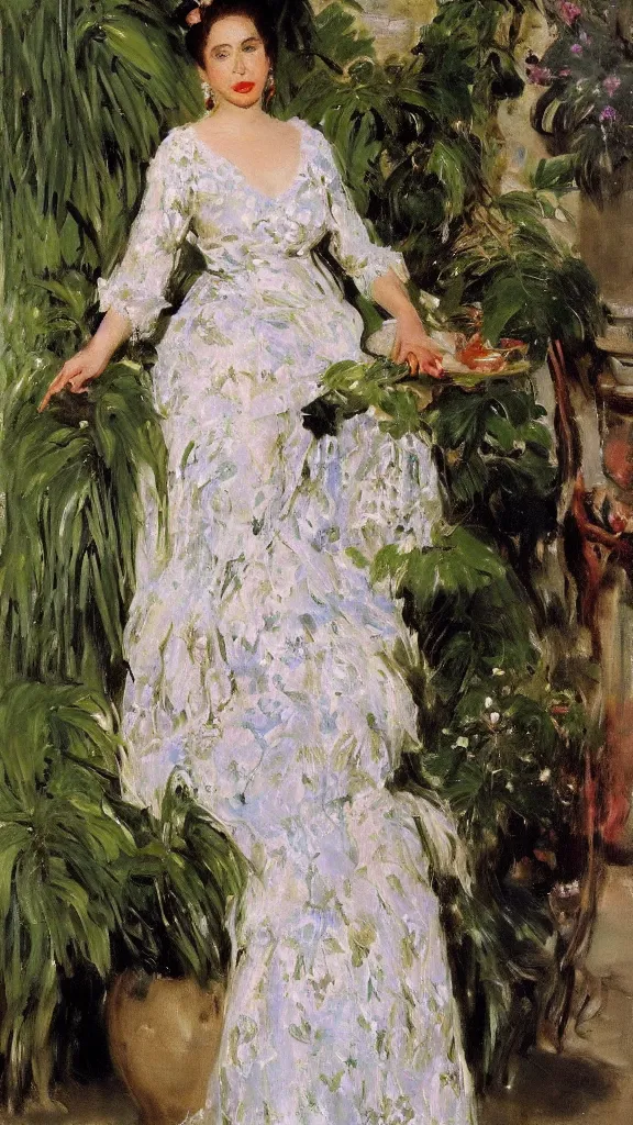 Prompt: rebekah delrio wear a lace dress in a botanical room set near a persian pot and palm treeby john singer sargent